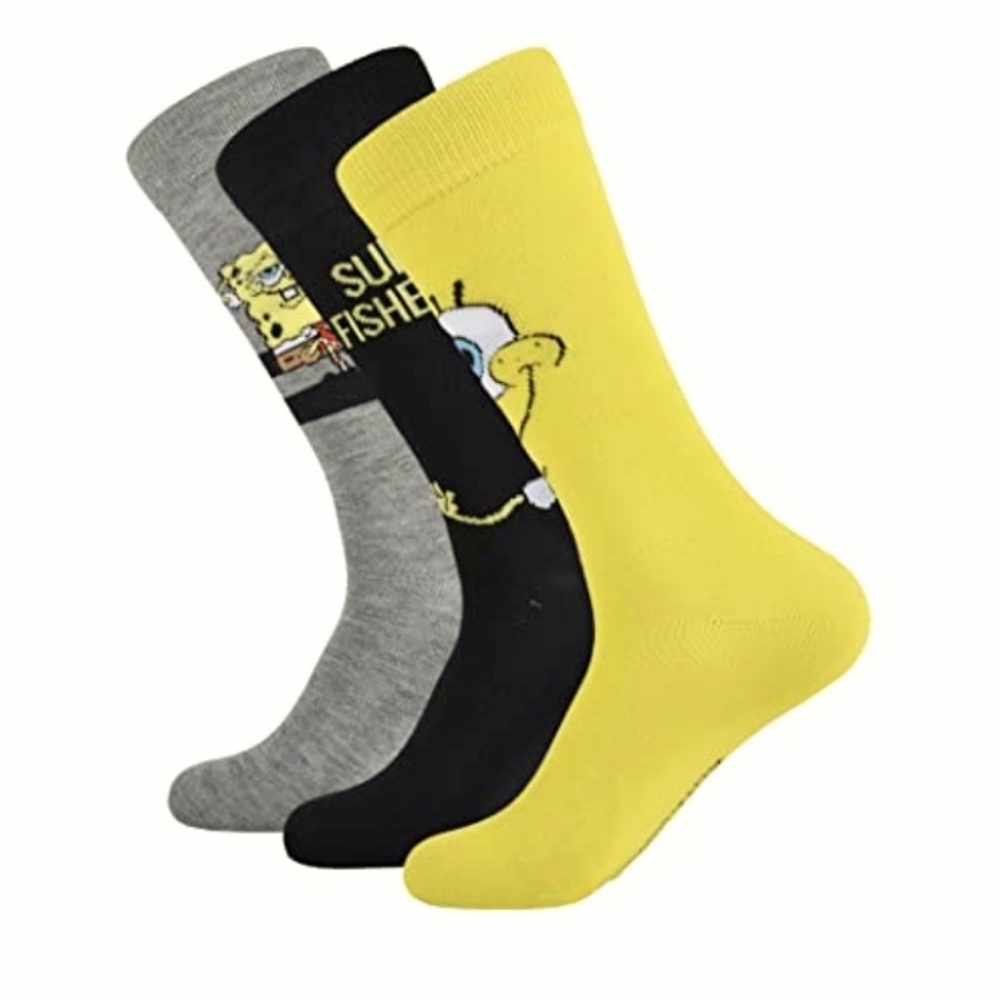 Men's Spongebob Squarepants 3 Pair Crew Socks Size 6-12 NIB